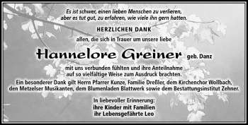 Traueranzeige von Hannelore Greiner von Südthüringer Presse