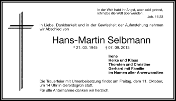 Traueranzeige von Hans-Martin Selbmann von Frankenpost