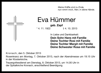 Traueranzeige von Eva Hümmer von Neue Presse Coburg