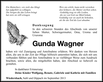 Traueranzeige von Gunda Wagner von Südthüringer Presse