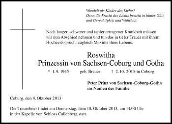 Traueranzeige von Prinzessin Roswitha von Sachsen-Coburg und Gotha von Neue Presse Coburg