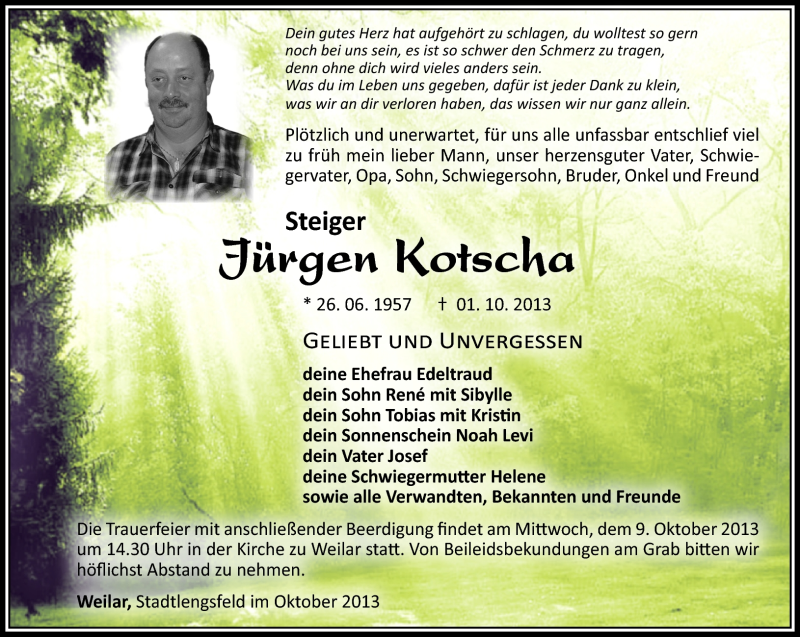  Traueranzeige für Jürgen Kotscha vom 07.10.2013 aus Südthüringer Presse
