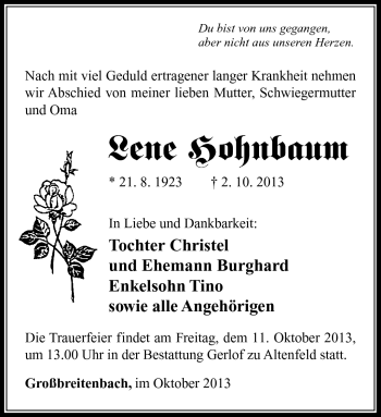 Traueranzeige von Lene Hohnbaum von Südthüringer Presse