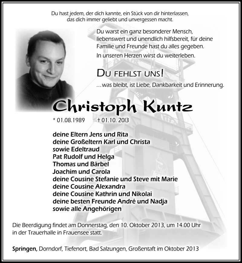  Traueranzeige für Christoph Kuntz vom 08.10.2013 aus Südthüringer Presse