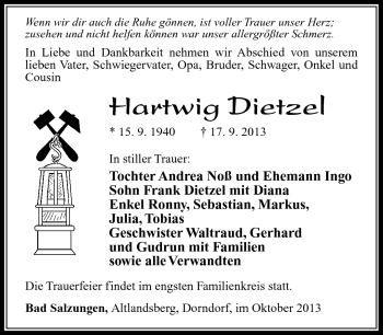 Traueranzeige von Hartwig Dietzel von Südthüringer Presse