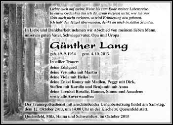 Traueranzeige von Günther Lang von Südthüringer Presse