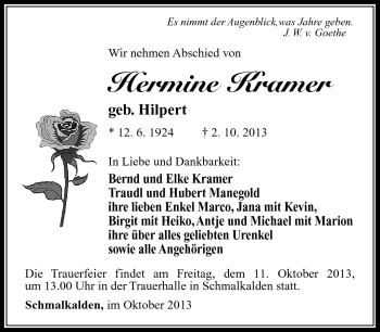 Traueranzeige von Hermine Kramer von Südthüringer Presse