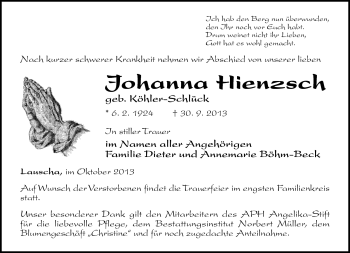 Traueranzeige von Johanna Hienzsch von Südthüringer Presse