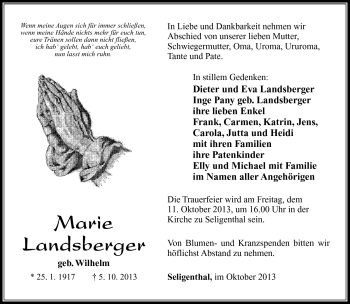 Traueranzeige von Marie Landsberger von Südthüringer Presse
