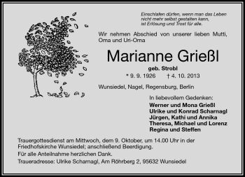 Traueranzeige von Marianne Grießl von Frankenpost