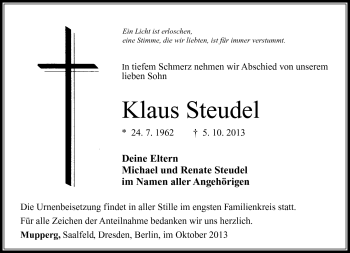 Traueranzeige von Klaus Steudel von Südthüringer Presse