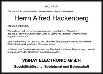 Traueranzeige von Alfred Hackenberg von Frankenpost
