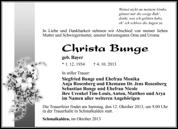 Traueranzeige von Christa Bunge von Südthüringer Presse
