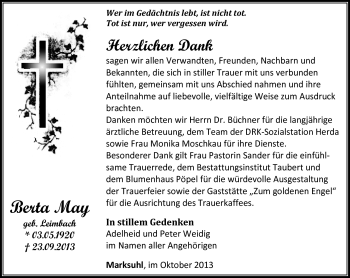 Traueranzeige von Berta May von Südthüringer Presse