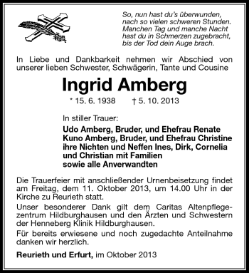 Traueranzeige von Ingrid Amberg von Südthüringer Presse
