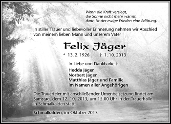 Traueranzeige von Felix Jäger von Südthüringer Presse