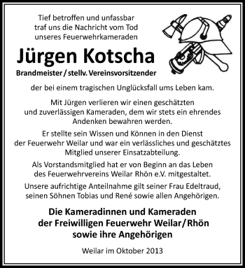 Traueranzeige von Jürgen Kotscha von Südthüringer Presse