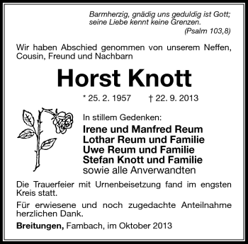 Traueranzeige von Horst Knott von Südthüringer Presse