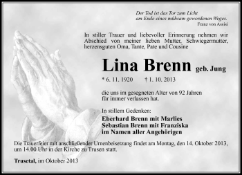 Traueranzeige von Lina Brenn von Südthüringer Presse