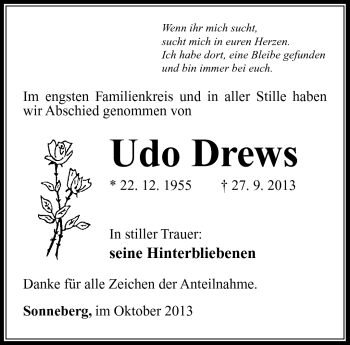 Traueranzeige von Udo Drews von Südthüringer Presse