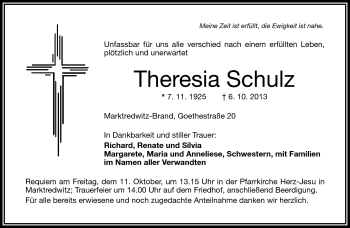 Traueranzeige von Theresia Schulz von Frankenpost