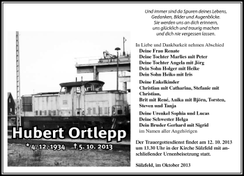 Traueranzeige von Hubert Ortlepp von Südthüringer Presse