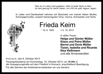 Traueranzeige von Frieda Keim von Neue Presse Coburg