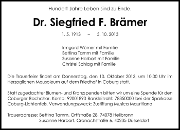 Traueranzeige von Dr. Siegfried F. Brämer von Neue Presse Coburg