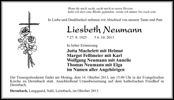 Traueranzeige von Liesbeth Neumann von Südthüringer Presse