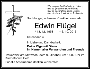 Traueranzeige von Edwin Flügel von Frankenpost
