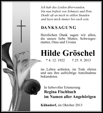 Traueranzeige von Hilde Gröschel von Südthüringer Presse