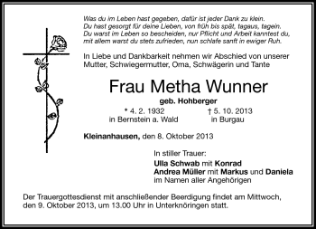 Traueranzeige von Metha Wunner von Frankenpost