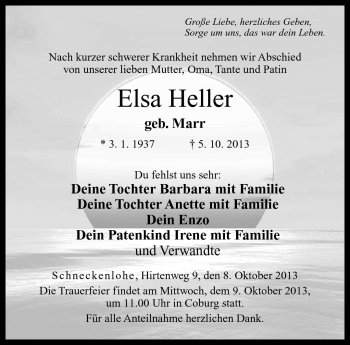 Traueranzeige von Elsa Heller von Neue Presse Coburg