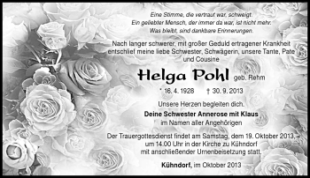 Traueranzeige von Helga Pohl von Südthüringer Presse