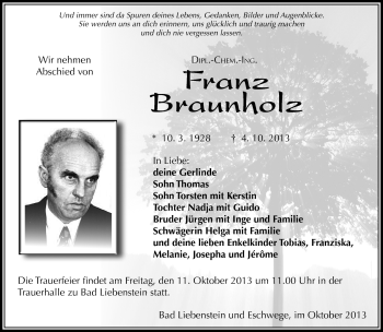 Traueranzeige von Franz Braunholz von Südthüringer Presse