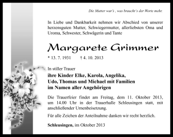 Traueranzeige von Margarete Grimmer von Südthüringer Presse