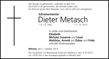 Traueranzeige von Dieter Metasch von Südthüringer Presse