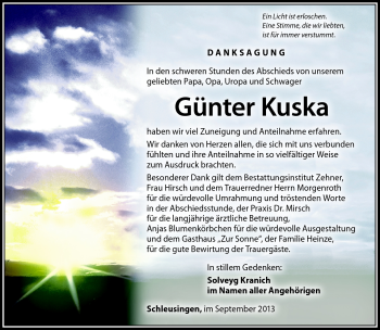 Traueranzeige von Günter Kuska von Südthüringer Presse