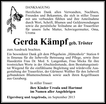 Traueranzeige von Gerda Kämpf von Südthüringer Presse