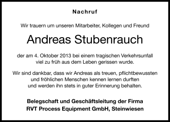 Traueranzeige von Andreas Stubenrauch von Neue Presse Coburg
