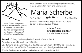 Traueranzeige von Maria Scherbel von Neue Presse Coburg