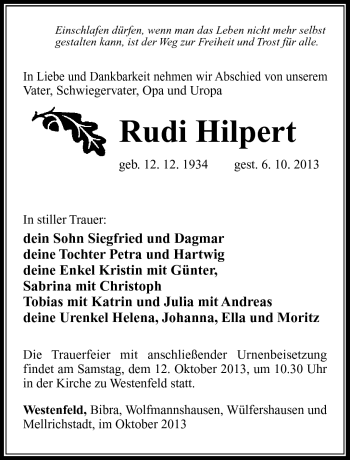 Traueranzeige von Rudi Hilpert von Südthüringer Presse