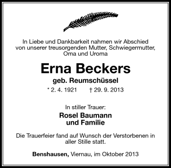 Traueranzeige von Erna Beckers von Südthüringer Presse