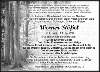 Traueranzeige von Werner Stößel von Südthüringer Presse