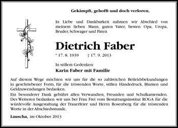 Traueranzeige von Dietrich Faber von Südthüringer Presse