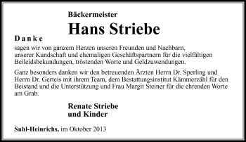 Traueranzeige von Hans Striebe von Südthüringer Presse