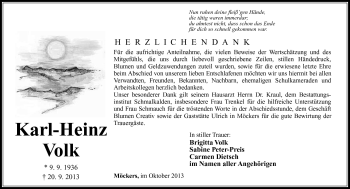 Traueranzeige von Karl-Heinz Volk von Südthüringer Presse