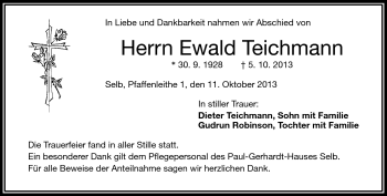 Traueranzeige von Ewald Teichmann von Frankenpost