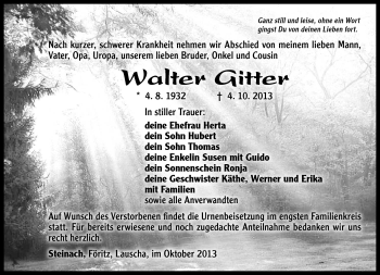 Traueranzeige von Walter Gitter von Südthüringer Presse