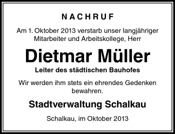 Traueranzeige von Dieter Müller von Südthüringer Presse